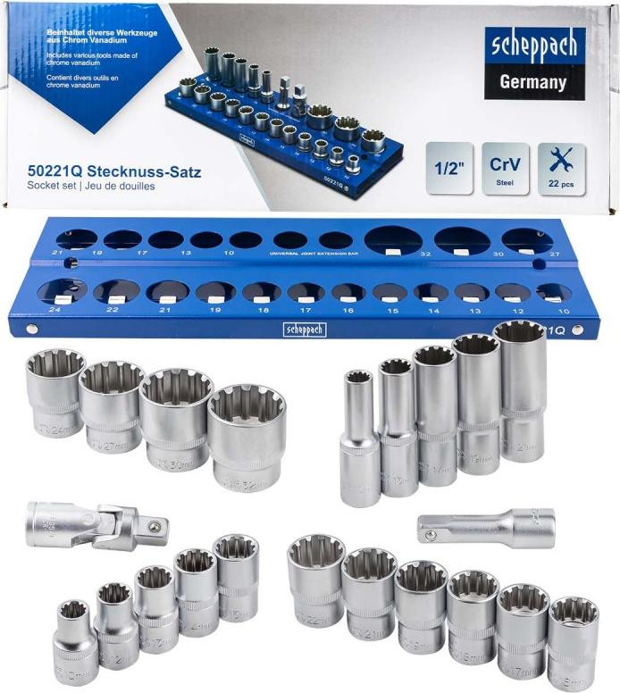 Rock FORCE 22-delige dopset met organizer, 12-kant, 10-32 mm, inclusief lange 1/2 inch dop