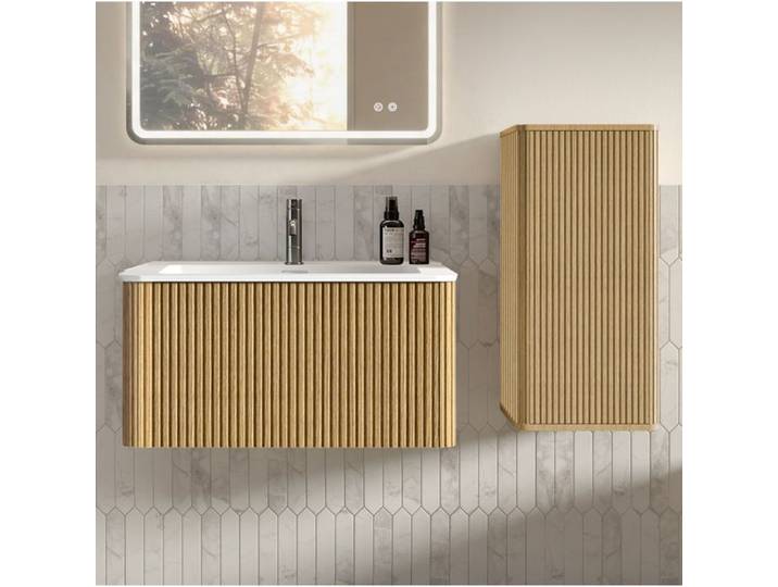 Ensemble meuble vasque mural avec meuble sous vasque colonne et vasque en pierre de synthèse MDF Chene