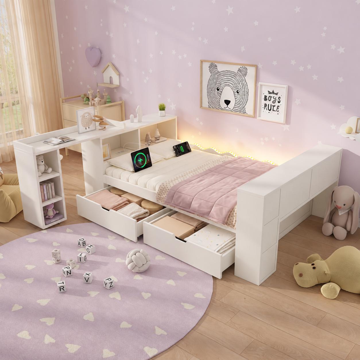 Merax Funktionsbett 90x200cm mit 2 Schubladen, Kinderbett mit LED & Ladestation, ausziehbarer Schreibtisch, Kopfteil flexibel montierbar,Weiß