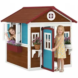 Kinderspielhaus aus Holz mit Fenster, Blumenregal, Pflanzenkasten und Tür Blau
