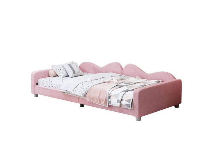 Kinderbett Polsterbett 90x200cm Schlafsofa Teddystoff Rosa mit Rückenlehne und Armlehnen