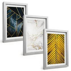 BILDER SET 3er Set - 20x30 cm Silberner Rahmen - Geometrische Muster und Vegetation