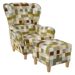 Supellex Sofia Ohrensessel mit Hocker   Design kariert Beige-Ocker