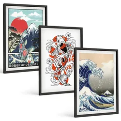 BILDER SET 3er Set - 40x60 cm Schwarzer Rahmen - Berge von Fischen Große Welle Japan