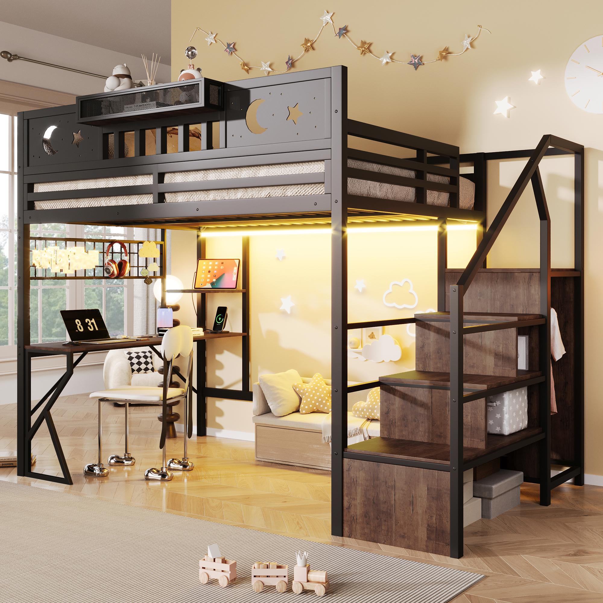 Merax Etagenbett Hochbett 140x200 cm mit Schreibtisch, LED-Beleuchtung, USB-Anschluss, Lochwand, Kinderbett Metallbett, Stockbett, Jugendbett, Schwarz
