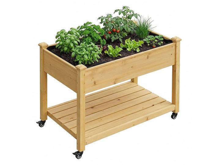 Relaxdays Hochbeet Natur Tannenholz auf Rollen mit Ablage 84 cm, Hellbraun, Holz, Textil, 105x84x56.5 cm, Gartenzubehör, Hochbeet