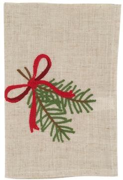 Saro Embroidered Pine Branch Cloth Napkins (Set of 4) - Holiday Linen Blend Dinner Napkins for Christmas Entertaining