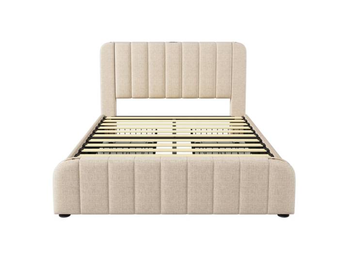 Lit tapissier double en lin beige 140x190cm