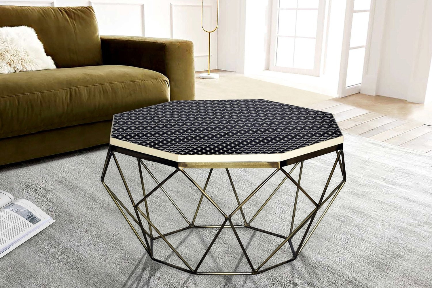 Beeninleg Salontafel DIAMOND 70cm Zwart Wit Messing Inlegwerk Arts & Crafts