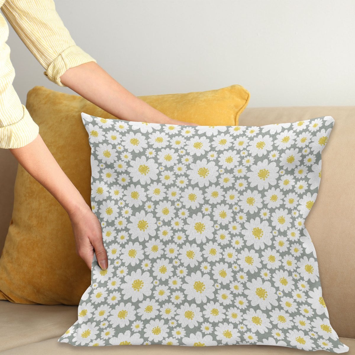 ABAKUHAUS Sierkussenhoes met Bloemenprint, Grijs Geel, 40 x 40 cm