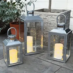 Mojawo 3er Gartenlaternen Laternen Metall Windlicht Silber H24/33/41cm