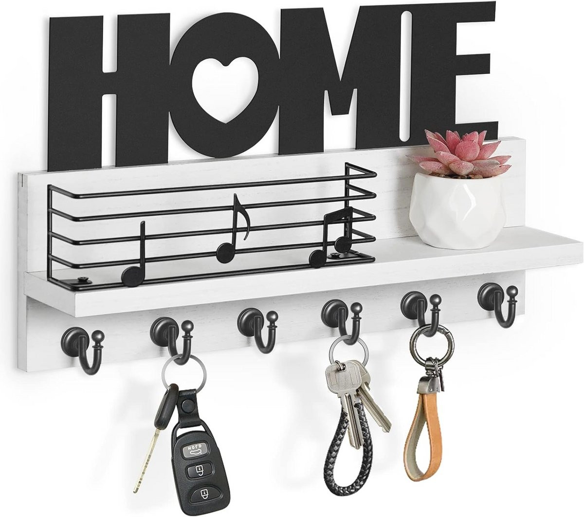 Vintage Wandorganizer Sleutelrek met Plank en 6 Haken - Rustiek Hout