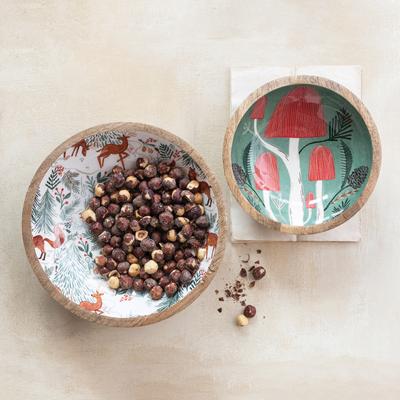 Storied Home Enameled Mango Wood Bowls with Woodland Flora/Fauna Pattern, Set of 2