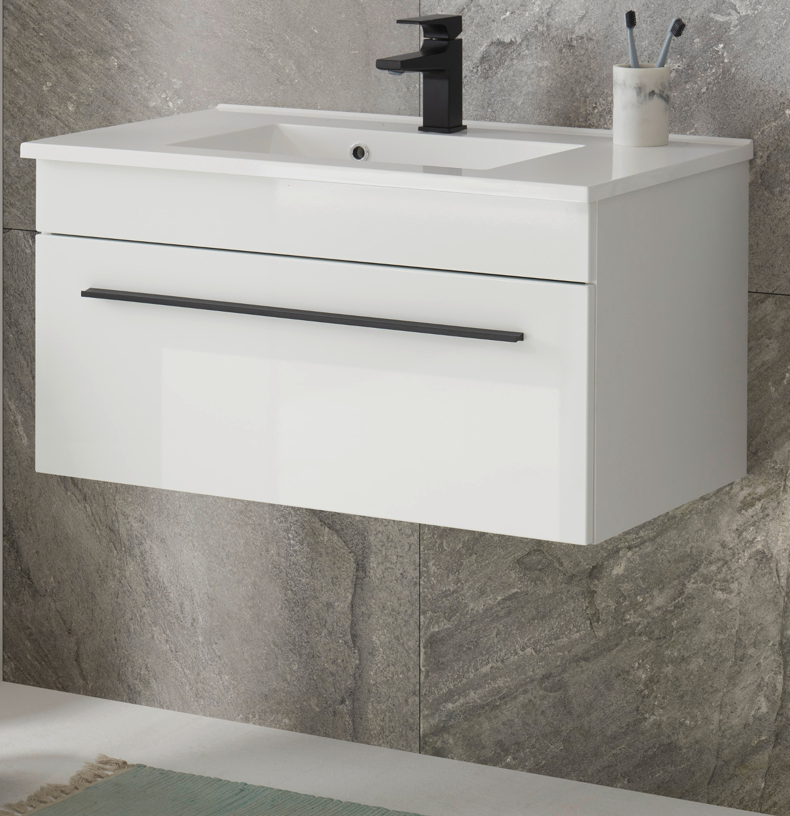 Waschtisch Set mit Waschbecken "Design-D" weiß Hochglanz Bad Möbel-Set hängend 80 cm