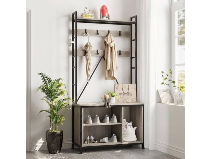 Meuble d'entrée Industriel Avec Banc Porte-Manteau Meuble à Chaussures Pour Vestiaire Couloir Entrée Brun Rustique - Gris
