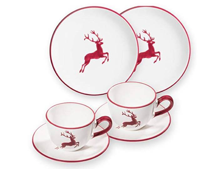 GMUNDNER KERAMIK Breakfast for two Classic Geschirrset bordeauxroter Hirsch Geschirr, handgemacht in Österreich
