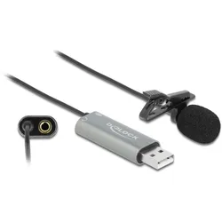 DeLOCK USB Krawatten Lavalier Mikrofon Omnidirektional 24 Bit / 192 kHz mit Clip und 3,5 mm Stereoklinken-Kopfhöreranschluss