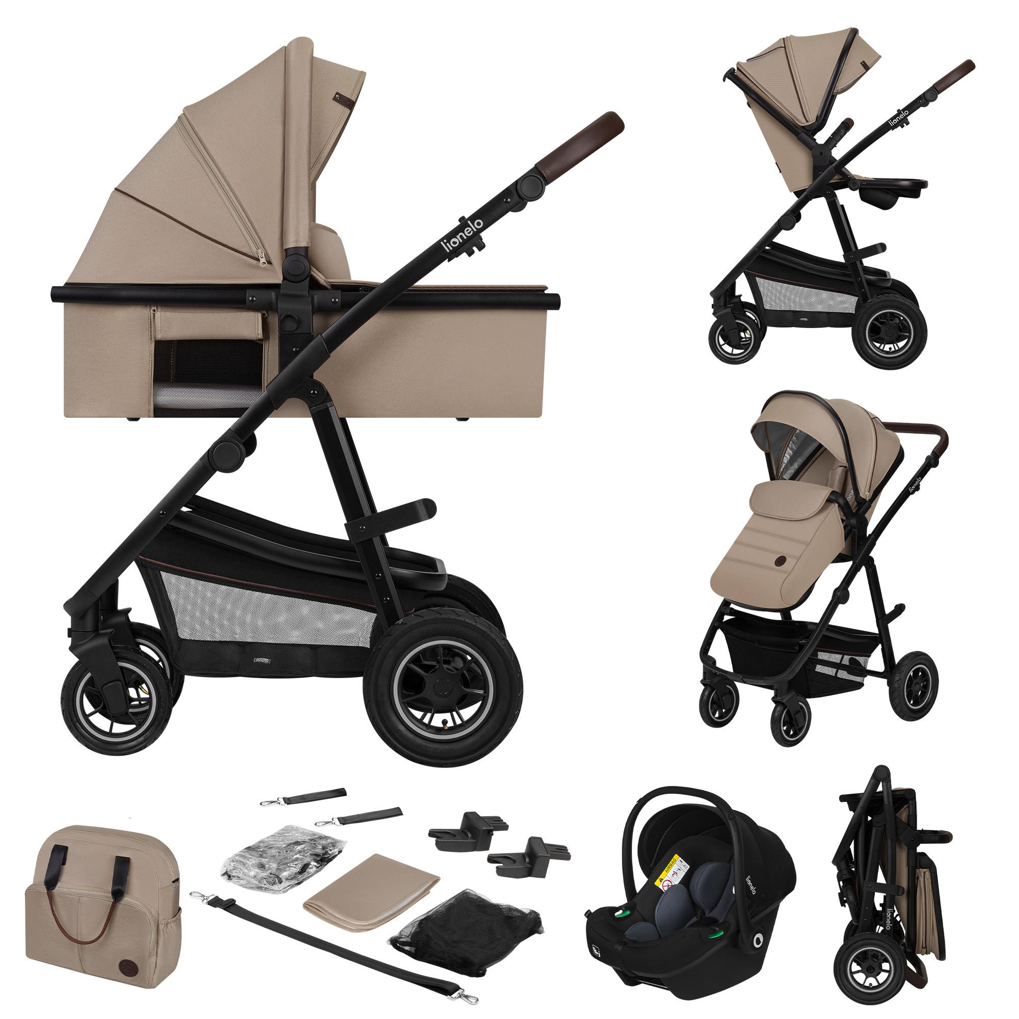 Lionelo Amber - Kombikinderwagen 3 in 1 - Set sportlicher, Sitz, fester Babywanne, Autositz, Tasche, Moskitonetz, Regenschutz - Beige Sand