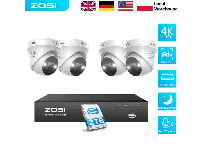 Système de vidéosurveillance CCTV ZOSI 8CH avec extension 16CH, caméras IP de sécurité 4K PoE, détection de personnes et de véhicules, kit de caméras de surveillance extérieure 8MP