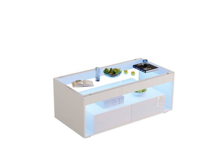 COUCHTISCH Weiß Hochglanz mit LED & 2 Schubladen