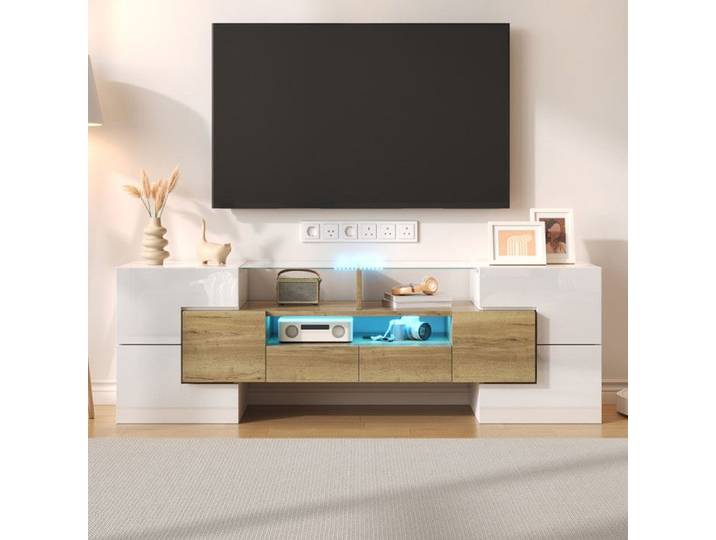 Meuble TV Lowboard. blanc brillant 145 cm éclairage LED Table TV Meuble TV pour le salon