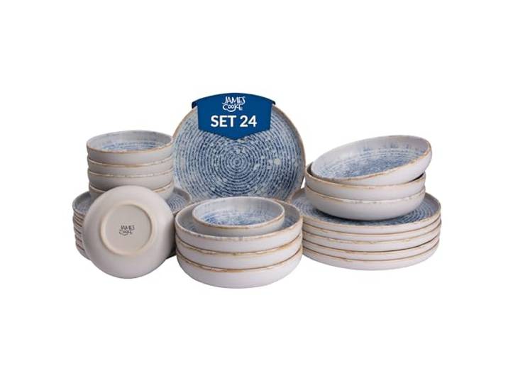 James Cooke Azure Vintage Steinzeug Geschirr-Set für 6 Personen - 24-Teilig - weiss blau gestreift, Relief Oberfläche - Spülmaschinen-, Ofen- & Mikrowellenfest