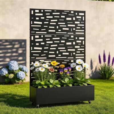 Uixe Rectangular Decorative Metal Privacy Screen with Planter Box Wheels