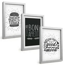 BILDER SET 3er Set - 20x30 cm Silberner Rahmen - Grafiken, Lebensmittel, kulinarische Slogans