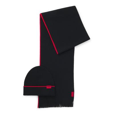 Schal HUGO "Zaschel Set", Herren, schwarz 001, Strick, Materialmix, kontrastfarbene Details, Modetücher Schal, aus Schurwollmix