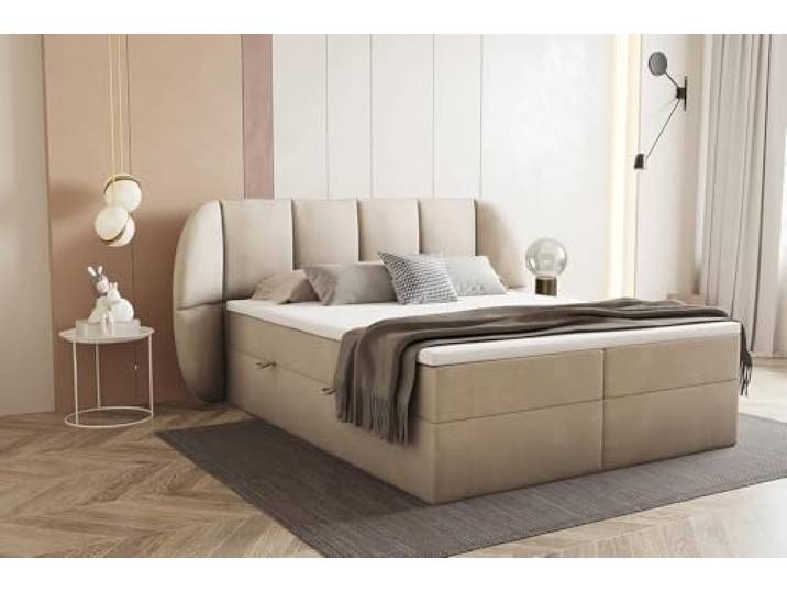 TRADA Boxspringbett 160x200 cm, Bilbao, Beige Elegant Boxsprinbett mit dekoratives Kopfteil, mit Bettkasten und Taschenmatratze