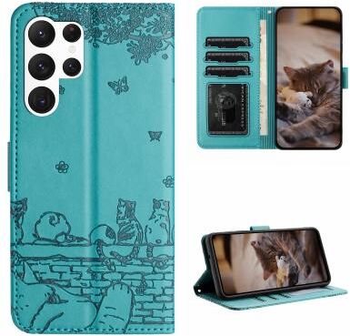Inspired Deals Cute Cat Embossed Wallet Phone Case For Samsung Galaxy With Card Holder And Lanyard For Samsung Galaxy S23 Ultra blue