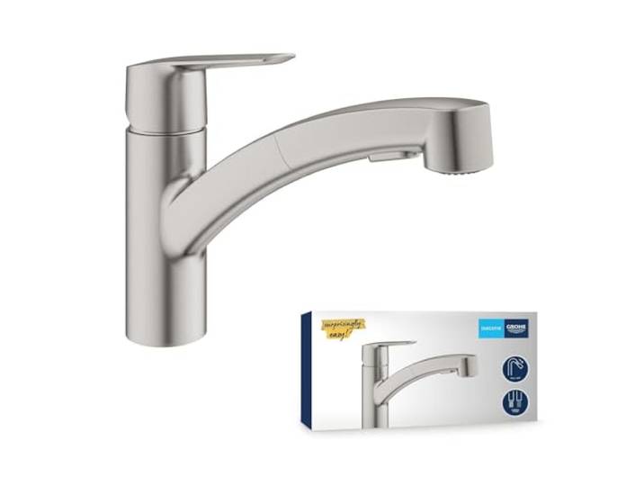 GROHE Start, Küchenarmatur, Vor-Fenster-Montage, 2 Strahlarten, Hochdruck Flacher Auslauf, Wasserhahn Küche, ausziehbare Brause, 90° schwenkbar, werkzeugfreie Montage (supersteel, 30531DC1)