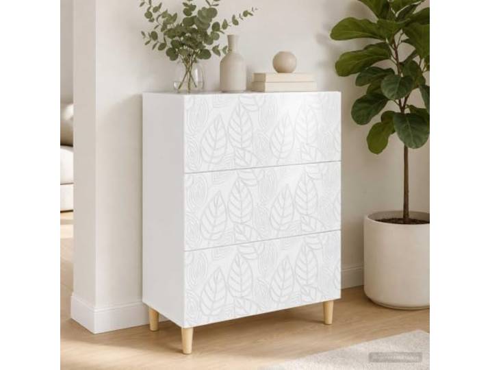 Schubladenschrank Hochglanz Weiß 66 x 34,5 x 90 cm mit Eukalyptusbeinen Holzwerkstoff, Eukalyptusbeine, Schiebemechanismus, feuchtes Tuch reinigbar, Innenraum, Wandmontage