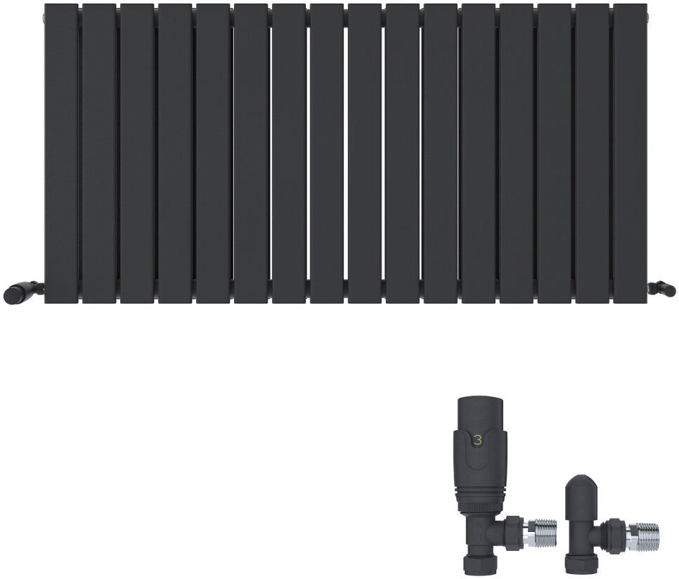 iBathUK Belgravia Horizontal Double Slim Flat Panel Radiator Angled Valve Grey 600cm H x 1216cm W x 69cm D
