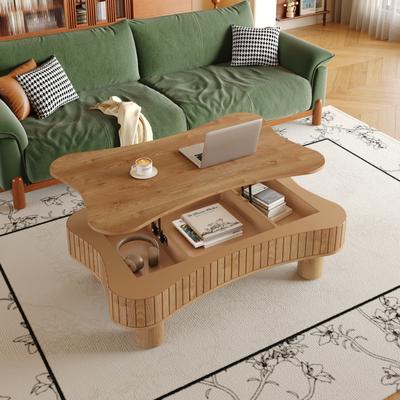 "GDFStudio - 42"" Lift-Top Coffee Table with Fluted Panel, Hidden Storage & Hydraulic Lift, Curved Corners"