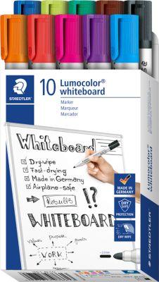 Whiteboardmarker Staedtler Lumocolor® 351, Rundspitze mit 2 mm, schnell trocknend & trocken abwischbar, mit Clip, farbsortiert, 10 Stück