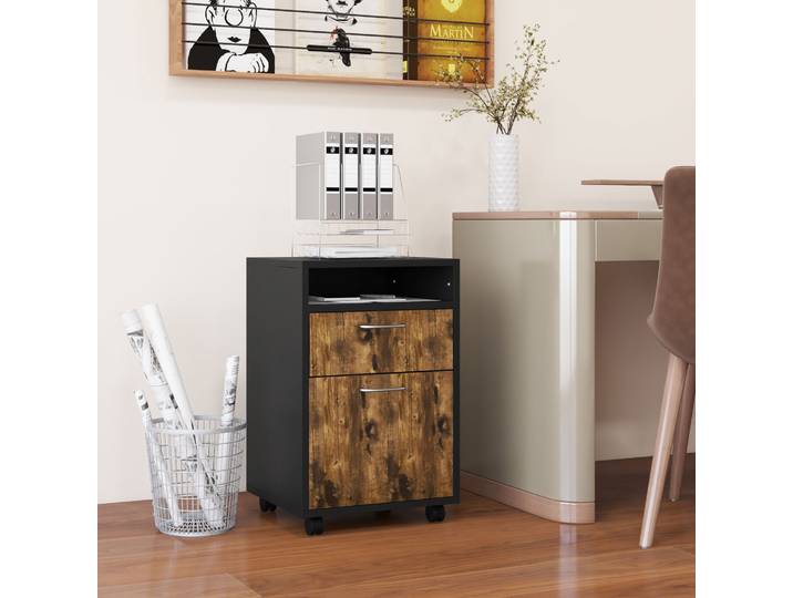 HOMCOM Caisson Bureau à Roulettes Brun Rustique 40x35x60 cm
