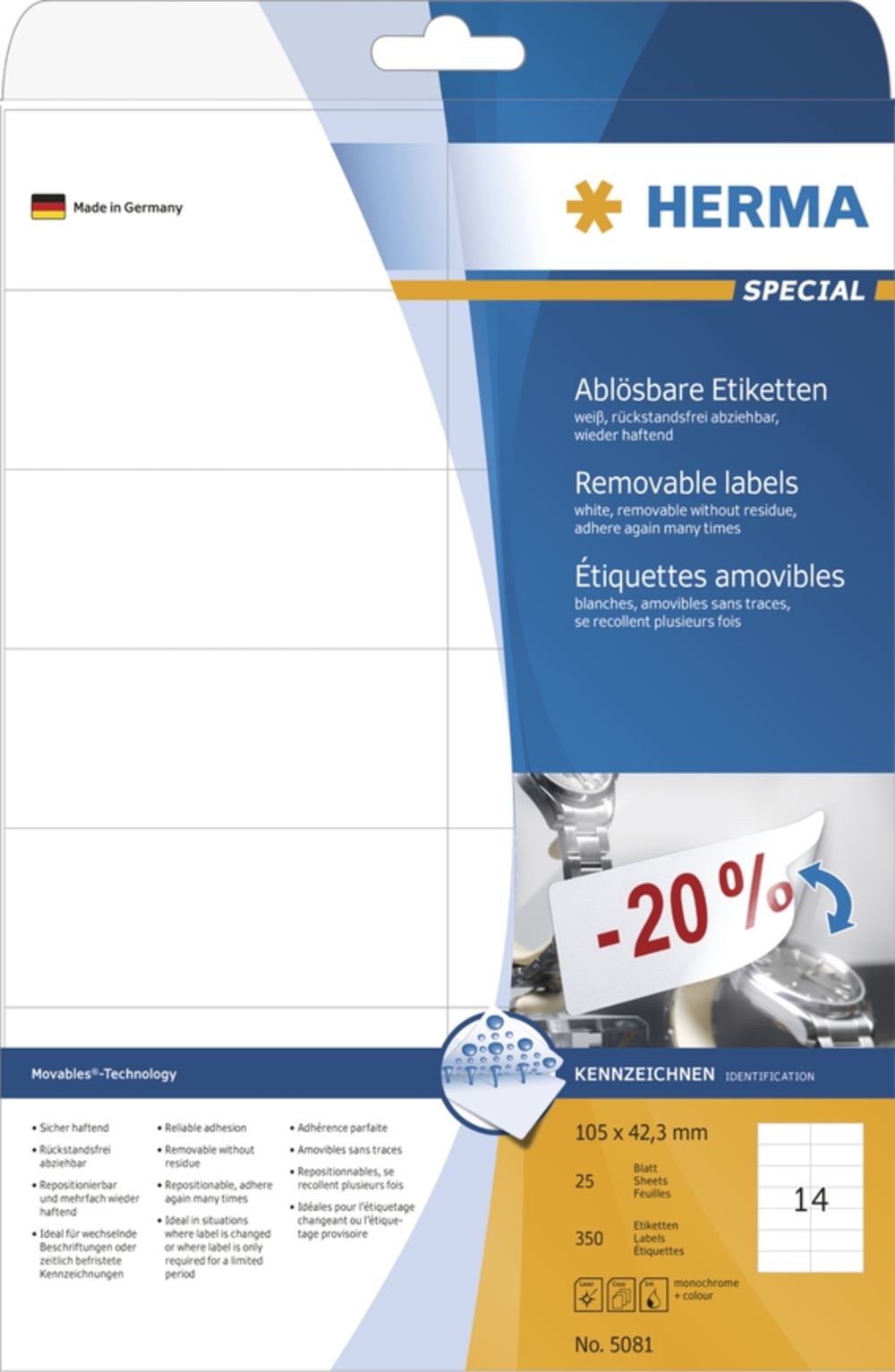 Herma 5081 ablösbar Universal-Etiketten 10.5x4.23 cm (25 Blatt (350 Etiketten))