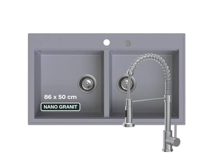 SINK QUALITY Doppelspüle grau mit Armatur, Granitspüle Doppelbecken 86x50 cm, Doppel Spülbecken mit Siphon und Imprägniermittel, 2 Becken Küchenspüle ab 85er Unterschrank