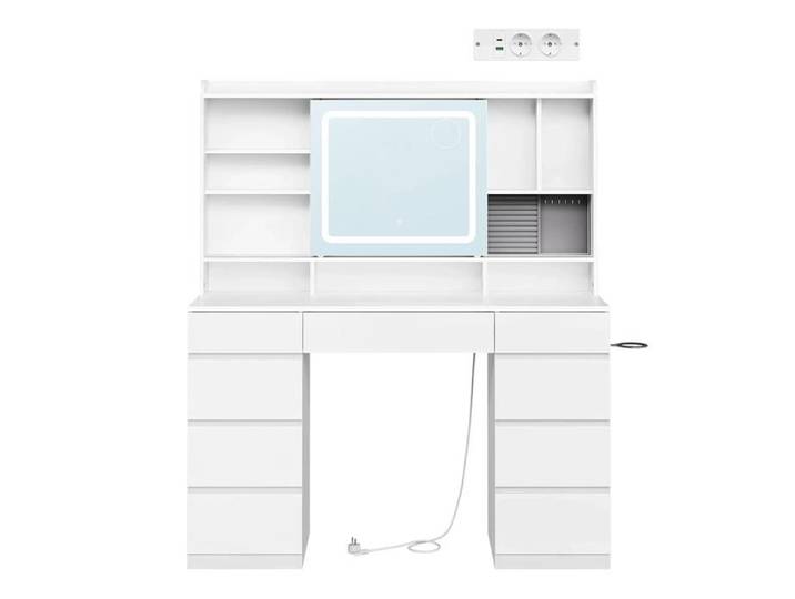 ELVORIN Coiffeuse avec miroir coulissant 110 x 40 x 140 cm LED dimmable prises intégrées 9 tiroirs blanc