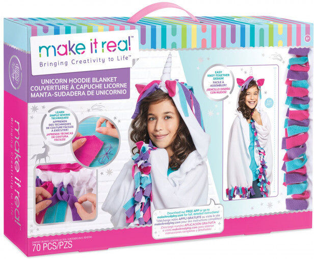 Make It Real Unicorn Hoodie Blanket Craft Kit for Children, Ages 8 years and over, Unicorn-themed, Fleece with Polyester Filling