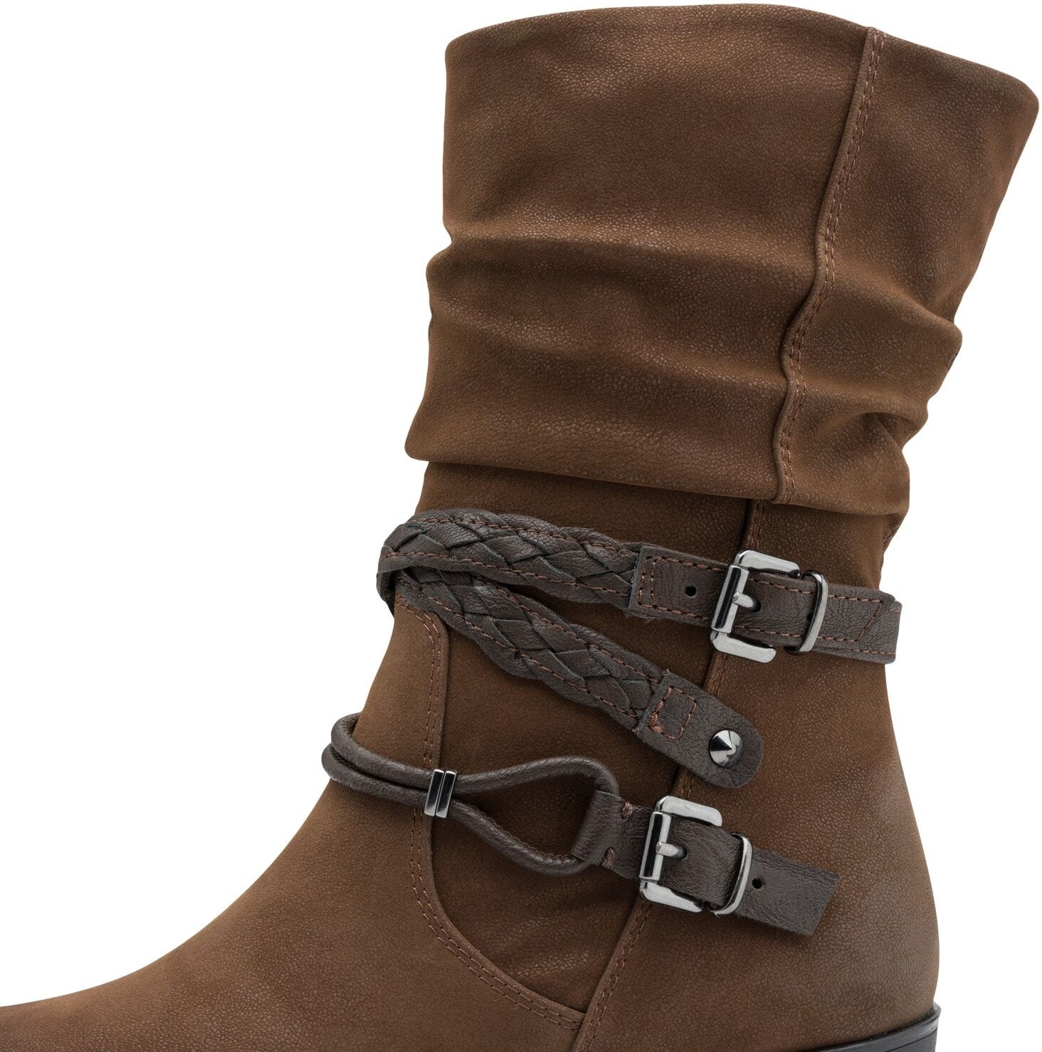 Cowboy Stiefelette MARCO TOZZI, Damen, Gr. 38, wärmend, braun (dunkelbraun), Nubuklederimitat, used, Schuhe Cowboy Stiefelette, Blockabsatz, Kurzstiefel, Westernstiefelette mit Flecht-Zierriemchen