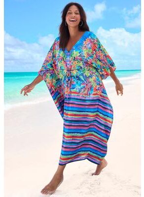 Plus Size Women's Ruched Caftan Cover Up by Swim 365 in Rainbow Paradise (Size 30/32)