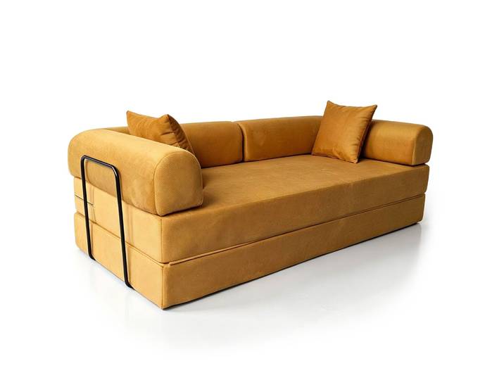 Canapé 3 Places Convertible Et Modulable Bergerac Tissu Doux Texturé Ocre Doré