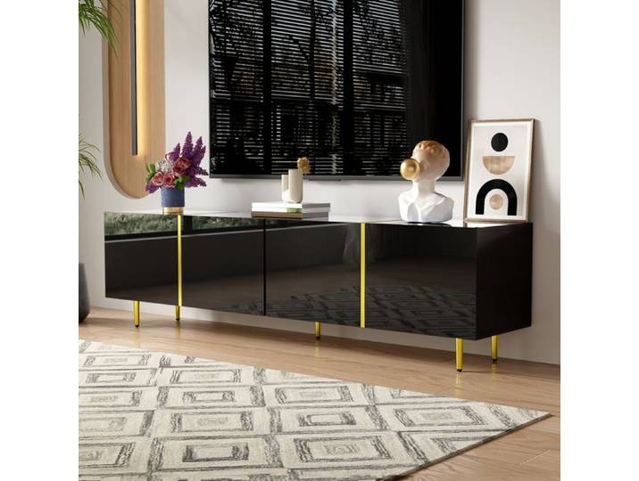 VLIVRA Meuble tv de salon avec 4 portes et finition dorée - meuble bas en mdf haute brillance - noir - 170x35x46 cm