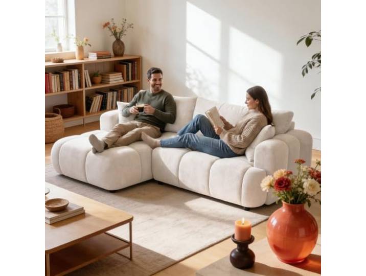 Muffo Calm L Ecksofa mit Schlaffunktion und Bettkasten Links Weiß Schlafcouch ausziehbar, Stauraum, Sofabett, Eckcouch, Webstoff, lose Rückenkissen, Zierkissen, Wellenfedern