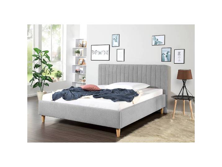 Lit capitonné Balvano 180 x 200cm Tissu structuré Gris/Granit Hêtre