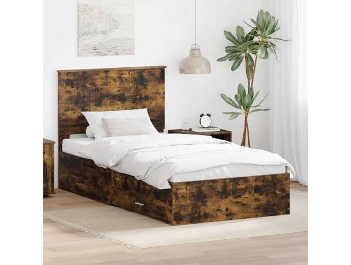 RJPLMFV Bettgestell, Raucheiche, 100 x 200 cm, Holz Mit Stauraumschubladen, modernem Kopfteil, silberfarbenen Griffen, modernes Design