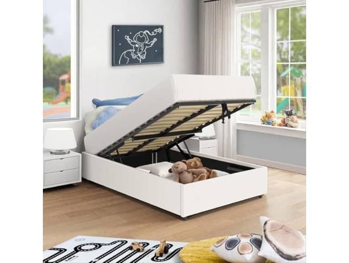 SENHO Bett mit Bettkasten, Plattform – Liegefläche 90 x 190 cm – Polyurethan weiß – Lattenrost inklusive – Lanze