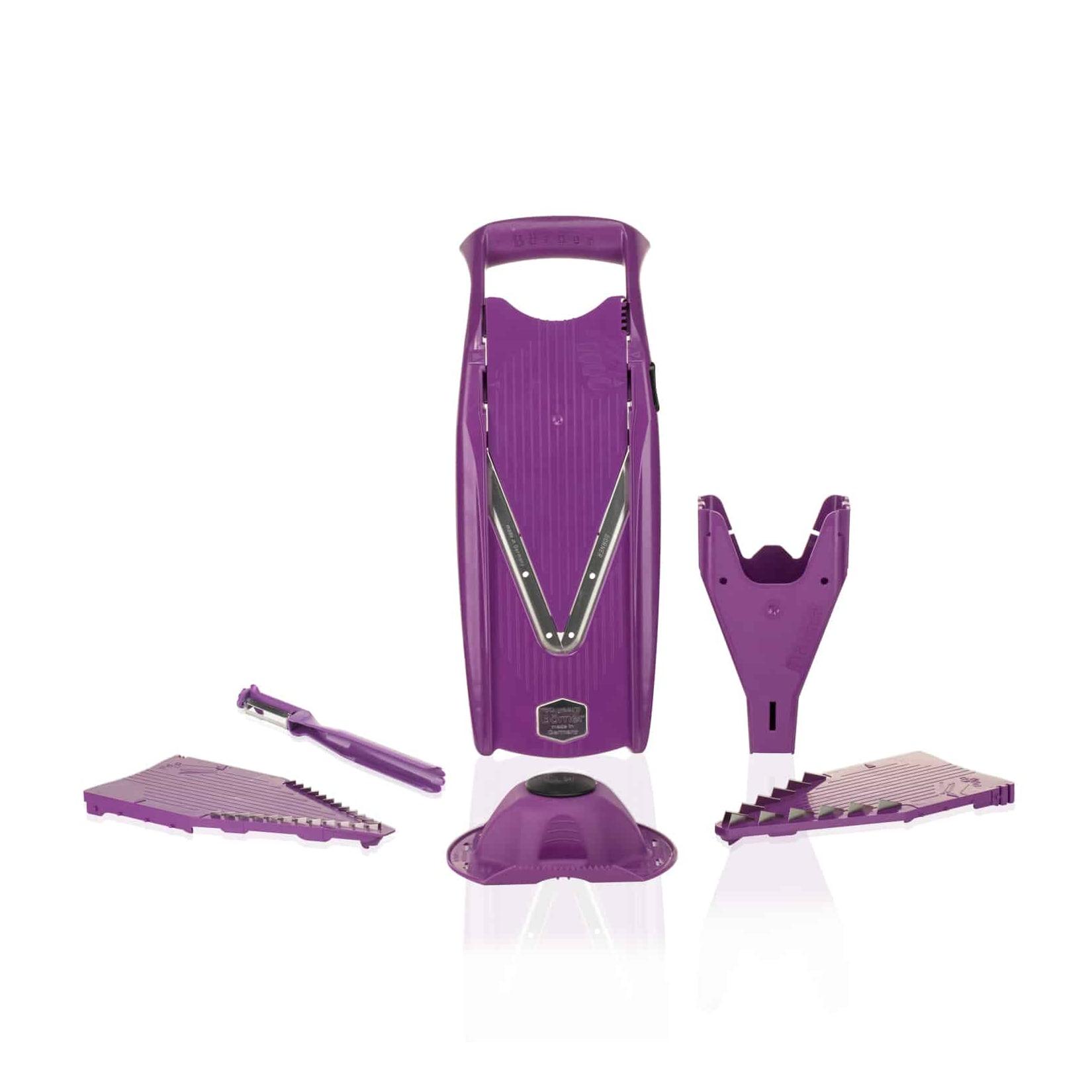 Börner V5 PowerLine Plus Set Gemüsehobel, Obst- & Gemüseschneider mit Fruchthalter, Scheibeneinschub, Sparschäler, 10 Schnittarten, 6 tlg. Set, Violett